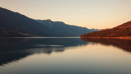 A serene and peaceful lake scene with surrounding hills, water catchment, peaceful