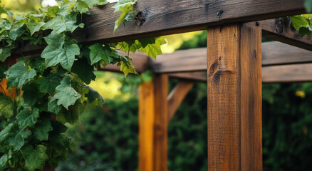 Fototapeta premium Sunlight filters through lush leaves, illuminating the rustic wooden beams of an outdoor structure. This peaceful garden space invites relaxation and connection with nature
