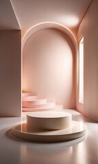 A serene minimalist interior with soft pink colors and elegant curves. A round podium is centered, accompanied by a stylish staircase and natural light from a large window. Ideal for product displays.