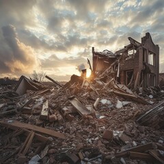 Fototapeta premium Destruction of a building leaves debris scattered under a dramatic sky at sunset