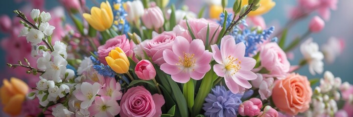 A lush bouquet bursting with spring blooms in soft pastel hues. Pink roses, yellow tulips, and delicate white blossoms create a romantic, fresh, and vibrant display.
