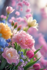 A vibrant bouquet of colorful spring flowers, featuring pink, yellow, and blue blooms, creates a cheerful and whimsical atmosphere. Ideal for springtime themes.
