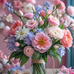 A charming floral arrangement in a glass vase, featuring a mix of pink, blue, and white blooms. This delicate bouquet captures the essence of spring and romance.
