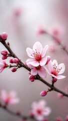 Beautiful pink cherry blossoms in full bloom on a slender branch, surrounded by buds. This enchanting close-up captures the essence of spring’s delicate beauty.
