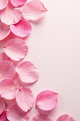 Soft pink rose petals scattered on a white background, flower power, spring, pastel colors