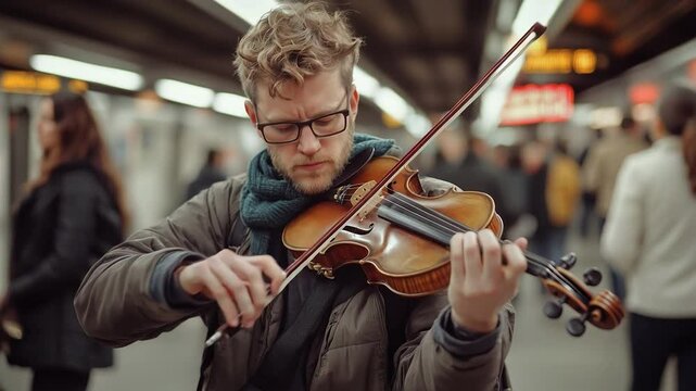Focused violinist busking in a metro station, surrounded by the movement of urban commuters in a city setting. Video made using Generative AI.