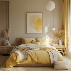 A cozy bedroom features a bed and minimalist soft decorations