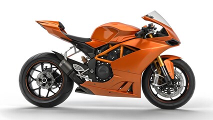 Sleek orange sports motorcycle with aerodynamic design on white background. Created with Ai