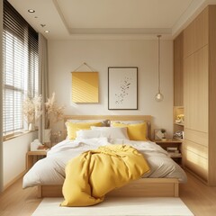 A well lit and stylish bedroom features inviting furniture and decor