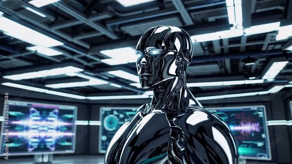 Poster futuristic video concept with a low-angle view of a humanoid robot in a high-tech control room, surr