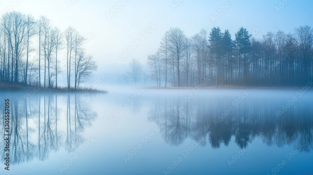 Poster a tranquil foggy lake scene with tree reflections and minimal colors