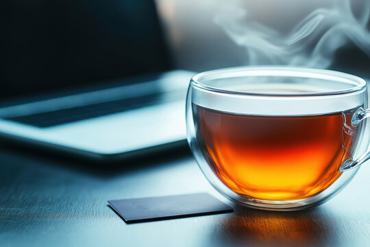 Warm cup of tea beside a laptop on a wooden desk during a quiet afternoon