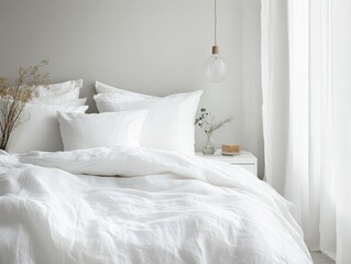 Freshly made bed with fluffy white bedding and natural light
