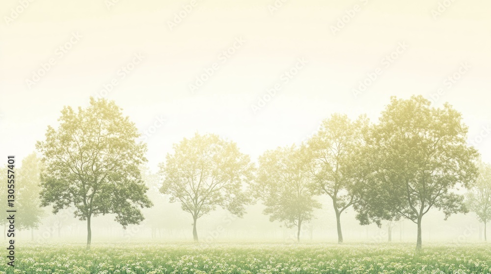 Poster Trees along a field of flowers in a misty environment