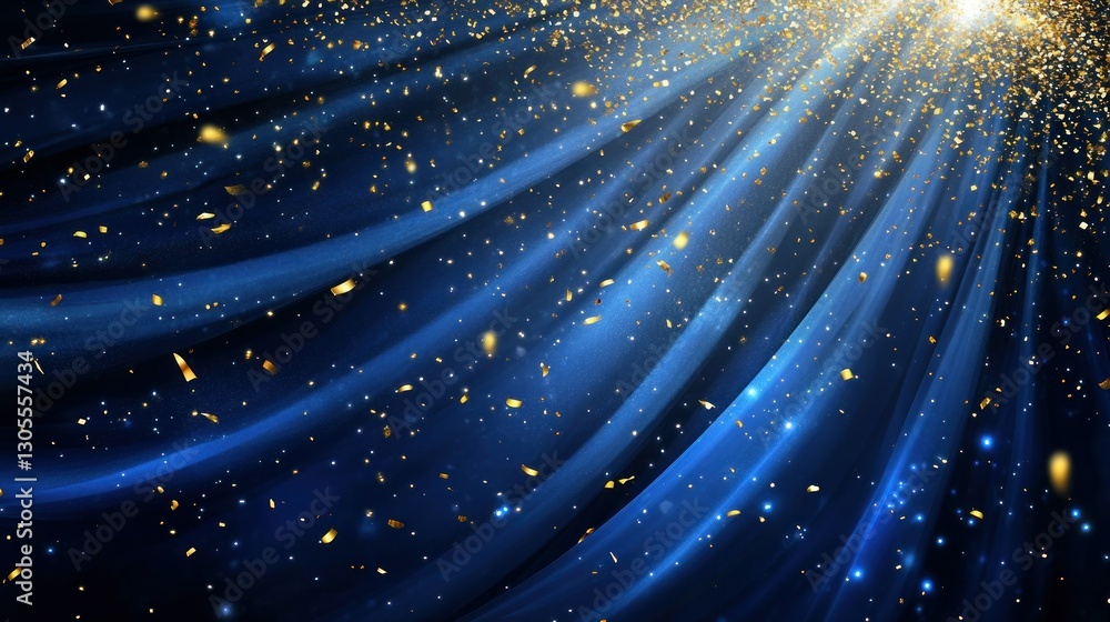 Poster Golden confetti and blue light rays create an elegant background