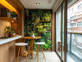A modern kitchen with a lush green wall and balcony
