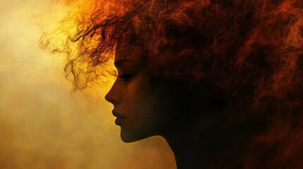 A woman with fiery hair is portrayed in profile view