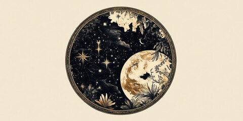 Intricate illustration depicts the night sky within a circular frame