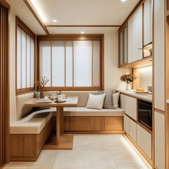 A modern cozy kitchen with dining area and built in seating