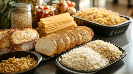 Fototapeta premium Selection of high carb foods including bread pasta and rice arranged on a sleek countertop emphasizing diverse energy packed meal components