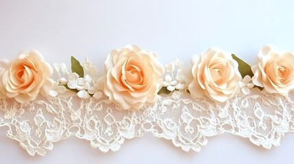 Delicate Peach Roses Border with Intricate Lace on Bright Backdrop
