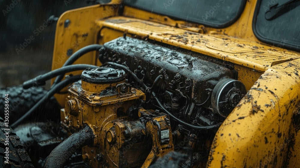 Poster yellow engine of a construction vehicle exposed to the elements