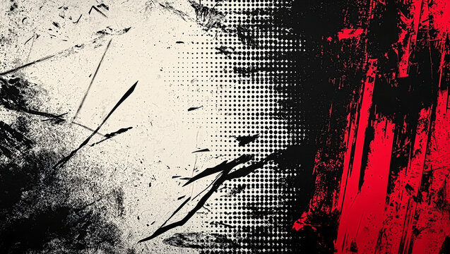 Black and Red Abstract Halftone, Gritty, Grunge Background with Copy space. Sports / Dynamic Backdrop 