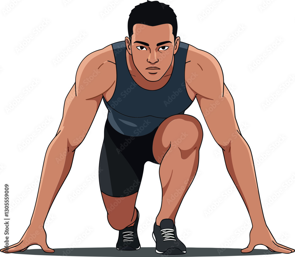 Poster athletic man preparing to sprint in a dynamic pose, showcasing strength and focus in a flat vector i