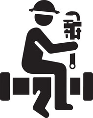 Plumber fixing pipe with wrench black and white vector silhouette graphic