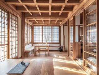 Traditional Asian interior design featuring wooden elements with large windows