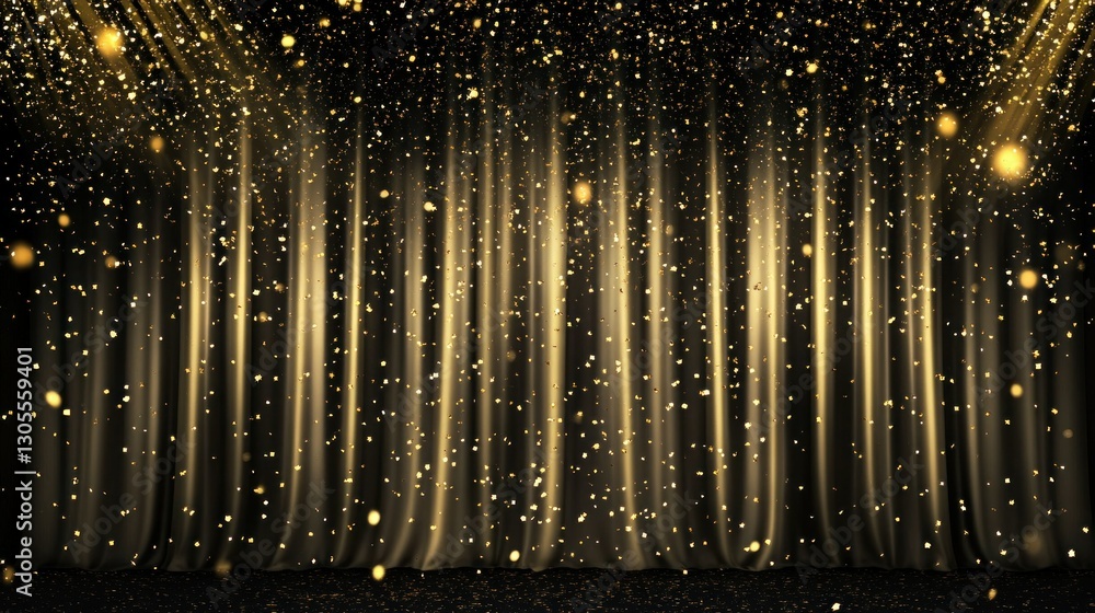 Poster gold curtains and lights illuminating with scattered sparkling particles