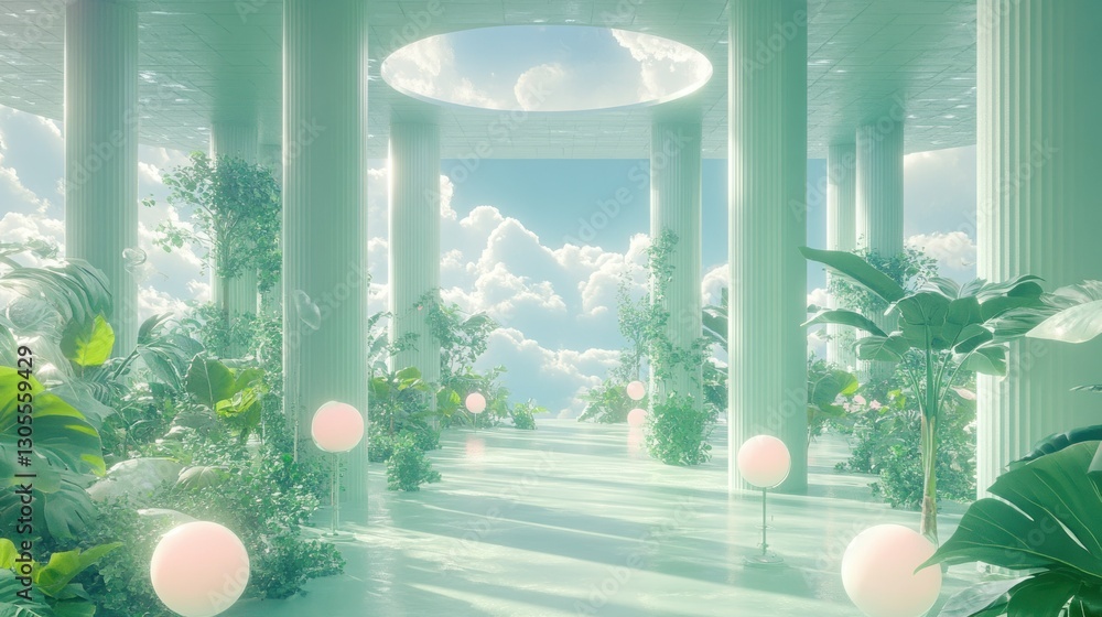 Poster Architectural structure with columns and plants overlooking a cloudy sky