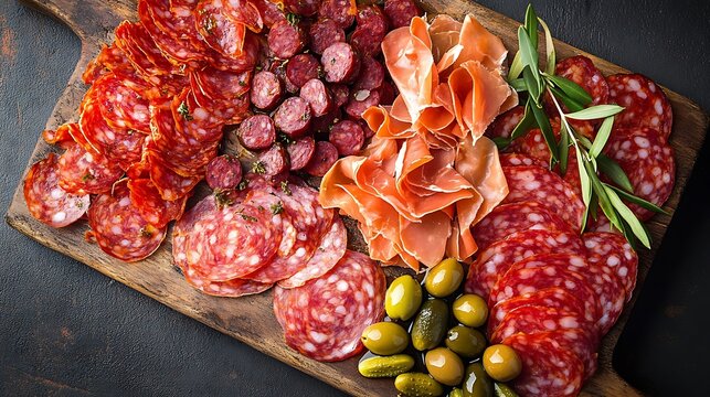 Selection of thinly sliced prosciutto salami and chorizo laid out on a rustic board with olives and pickles reflecting a sophisticated antipasto vibe