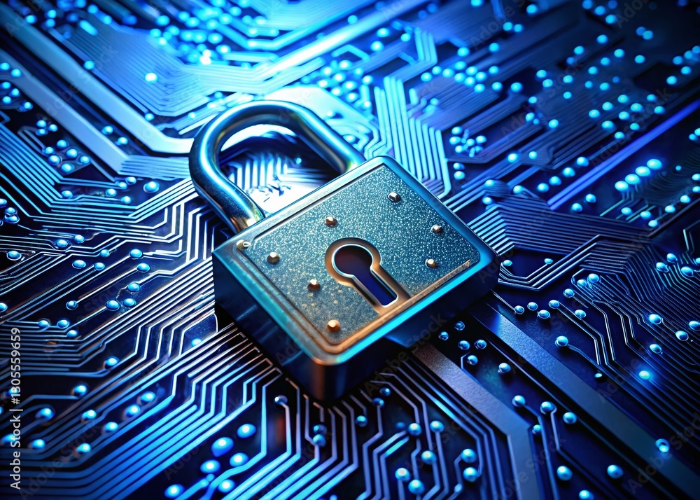 Aufkleber macro close-up of blue neon digital lock with circuit board - cybersecurity encryption technology