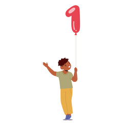 Cute boy preschool kid cartoon character holding one number air balloon in hands isolated on white