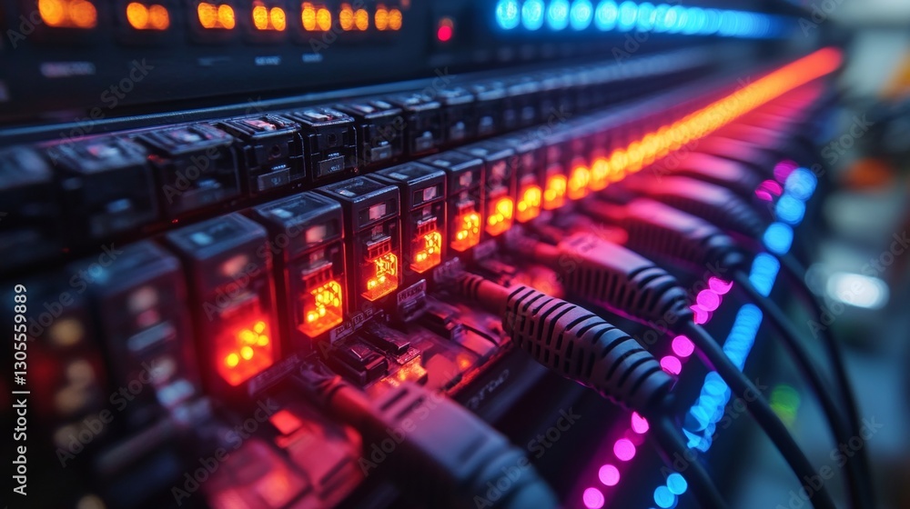 Aufkleber close-up view of network cables connected to tech equipment rack. colorful lights illuminate tech co