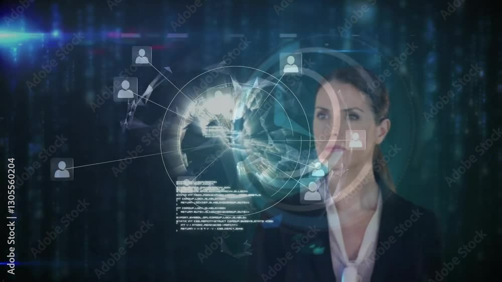 Poster interacting with animation, businesswoman using digital network interface and data visualization