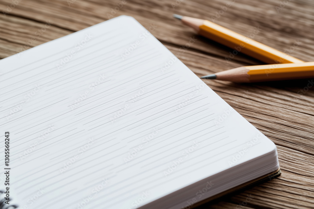 Poster notebook and pencils resting on a wooden table during a creative writing session