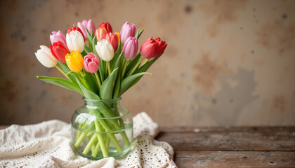 Obraz premium Vintage tulip bouquet in glass vase on lace cloth, warm nostalgia