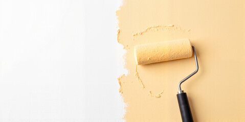 Paint roller applying beige paint on wall. Suitable for home renovation blogs, DIY websites, construction business marketing, interior design presentations, and how-to guides, repair service.