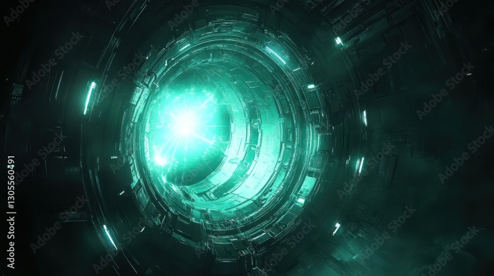 Poster futuristic tunnel with bright light inside its metallic structure