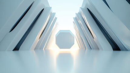 Obraz premium Futuristic 3D scene with a glowing octagonal shape floating in a symmetrical architectural space, smooth reflective surfaces and soft blue lighting creating a sci-fi atmosphere