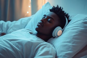Teenager, young African American person lying in bed with wireless sleep headphones eyes closed, listening to guided meditation. Night healthy routine, Modern calming atmosphere, soft glow, copyspace