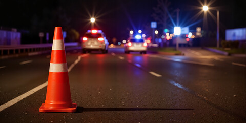 Traffic safety cone on night road with blurred police lights for road safety blogs, construction site warnings, emergency response training, and traffic management education