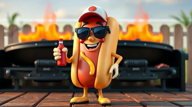 Smiling Hot Dog Cartoon Character at a BBQ