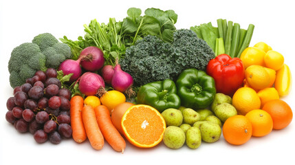 A vibrant collection of multicolored fruits and vegetables displayed against a white background