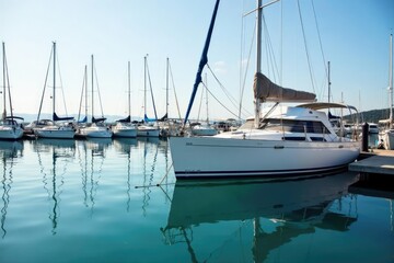 Fototapeta premium Sailboat docked at marina with calm waters below, reflection, harbor, serene