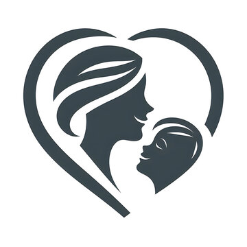 Logo Symbol in Herzform Herz Mutter Frau schaut zu ihrem Kind liebevoll l&auml;chelnd einfarbig isoliert als Vorlage Familie Kinder Liebe Zuneigung Eltern sein und Freude Erziehung Mama Bindung vertrauen