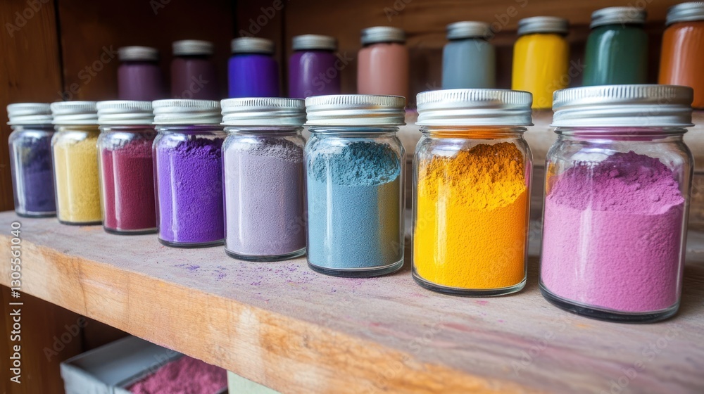 Poster colorful pigments neatly arranged in transparent glass jars for use