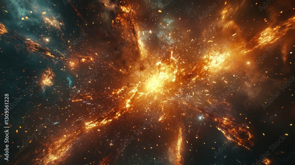 Poster a fiery cosmic explosion in the vast and dark expanse of space